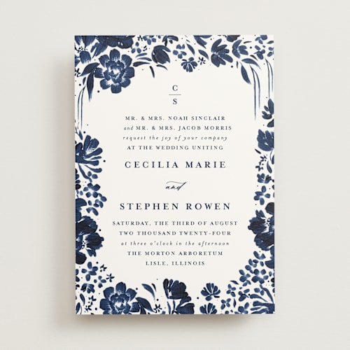 This is a indigo wedding invitations with standard by Angela Marzuki called brushstrokes in bloom printing on signature in standard