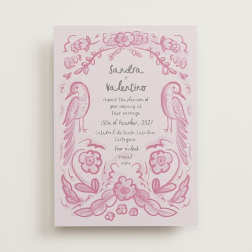 This is a berry pink wedding invitations with standard by Ani Somi called santa catalina printing on signature in standard