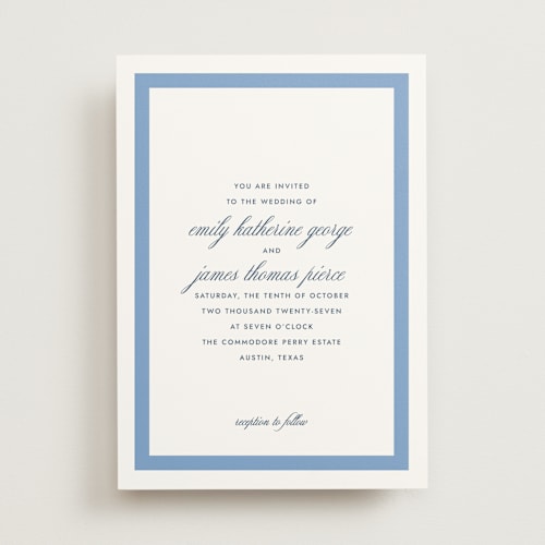 This is a blue bell wedding invitations with standard by Megan Davis called montauk printing on signature in standard