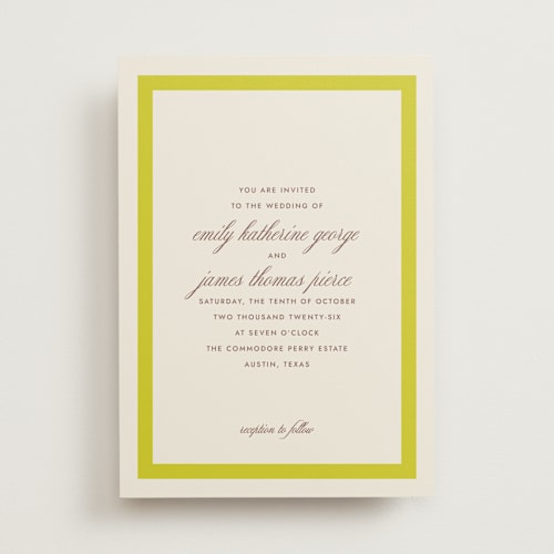 This is a citrus wedding invitations with standard by Megan Davis called montauk printing on signature in standard