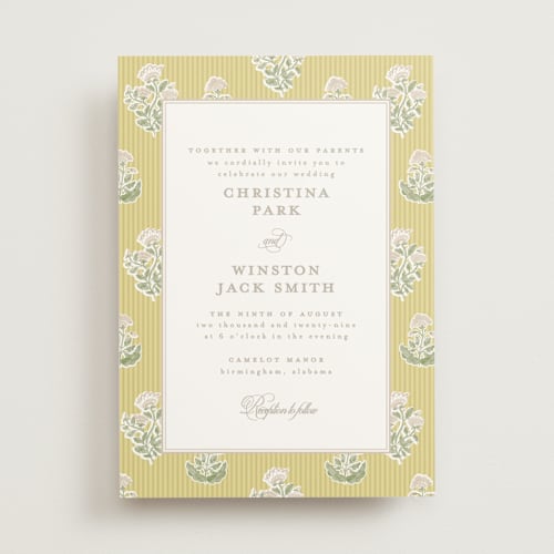 This is a chartruese wedding invitations with standard by Creo Study called patterned florals printing on signature in standard