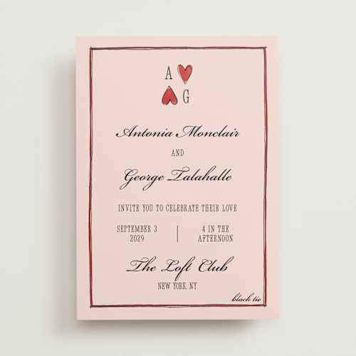 This is a bubblegum wedding invitations with standard by Pati Cascino called two hearts printing on signature in standard