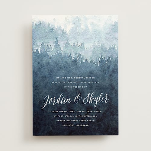 This is a evening sky wedding invitations with standard by Design Lotus called mountain retreat printing on signature in standard