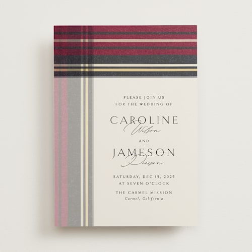 This is a cranberry wedding invitations with standard by Erin Deegan called holiday tartan printing on signature in standard