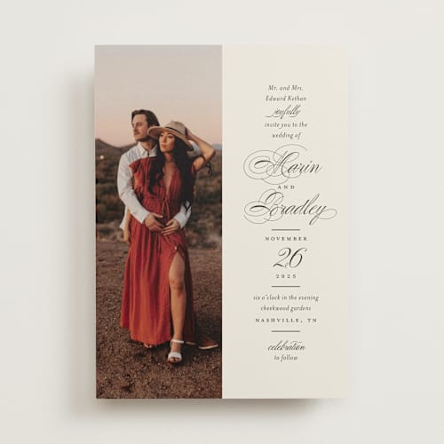 This is a buttercream wedding invitations with standard by Jessica Williams called tandem printing on signature in standard