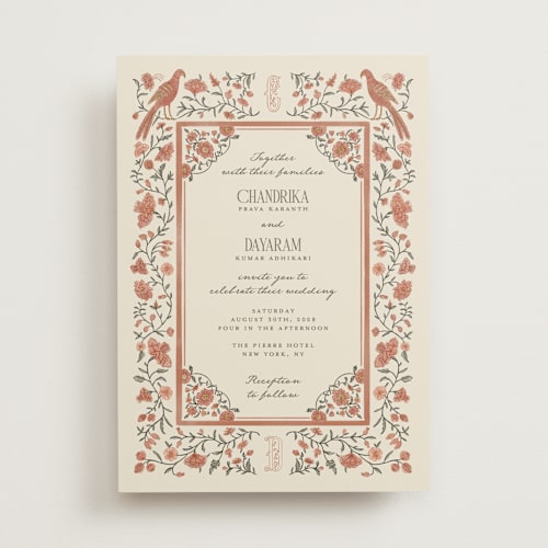 This is a terracotta wedding invitations with standard by Jenna Holcomb called tapestry printing on signature in standard