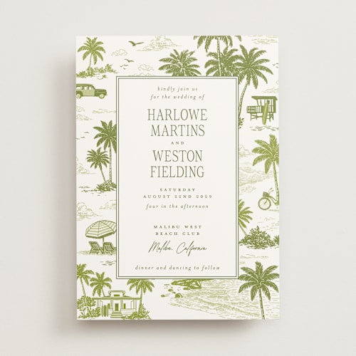 This is a palm wedding invitations with standard by Jenna Holcomb called beachtoile printing on signature in standard