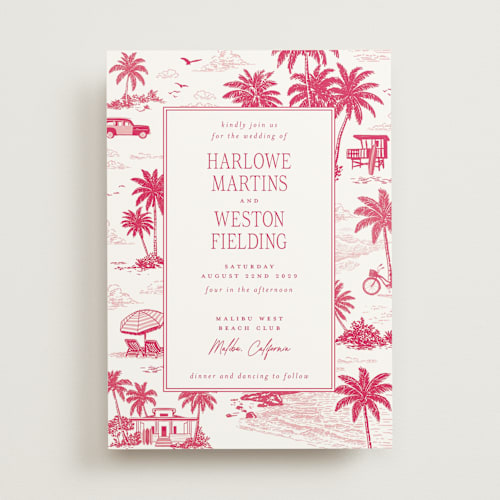 This is a fuchsia wedding invitations with standard by Jenna Holcomb called beachtoile printing on signature in standard
