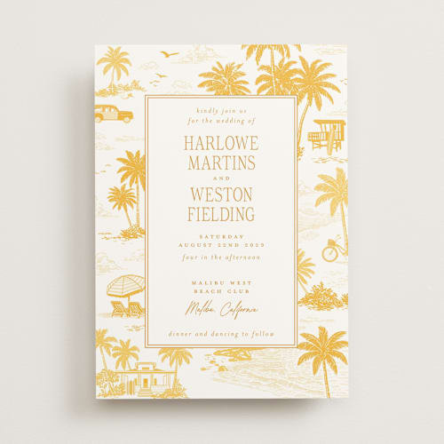 This is a sun wedding invitations with standard by Jenna Holcomb called beachtoile printing on signature in standard