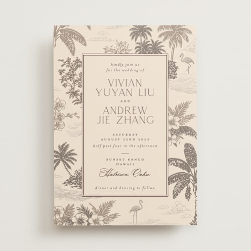 This is a sand wedding invitations with standard by Jenna Holcomb called tropical toile printing on signature in standard
