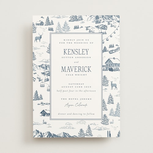 This is a denim wedding invitations with standard by Jenna Holcomb called aspen toile printing on signature in standard