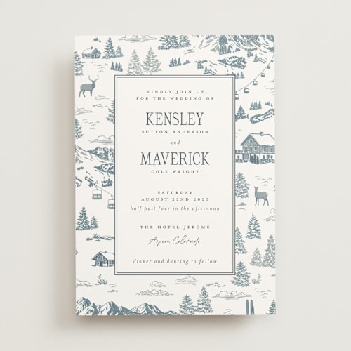 This is a slate wedding invitations with standard by Jenna Holcomb called aspen toile printing on signature in standard