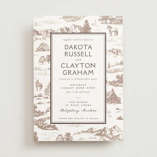 This is a leather wedding invitations with standard by Jenna Holcomb called mountain ranch toile printing on signature in standard