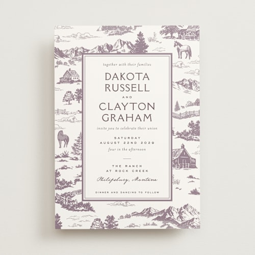 This is a mauve wedding invitations with standard by Jenna Holcomb called mountain ranch toile printing on signature in standard