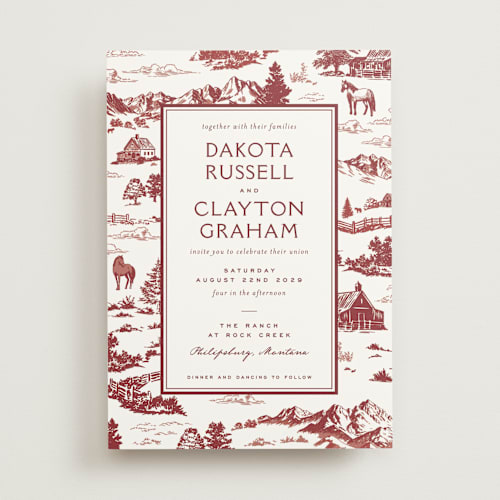 This is a barn wedding invitations with standard by Jenna Holcomb called mountain ranch toile printing on signature in standard