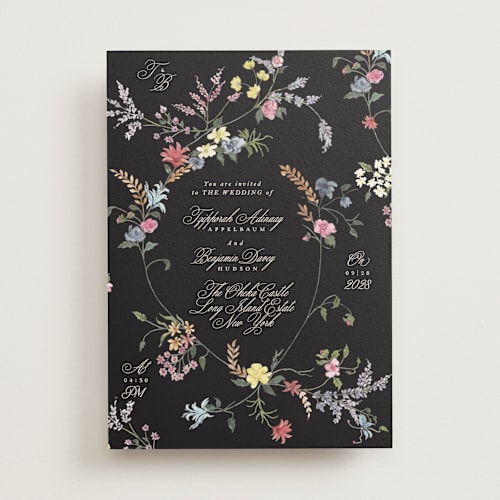 This is a midnight park wedding invitations with standard by Phrosné Barwood called whimsey floral printing on signature in standard