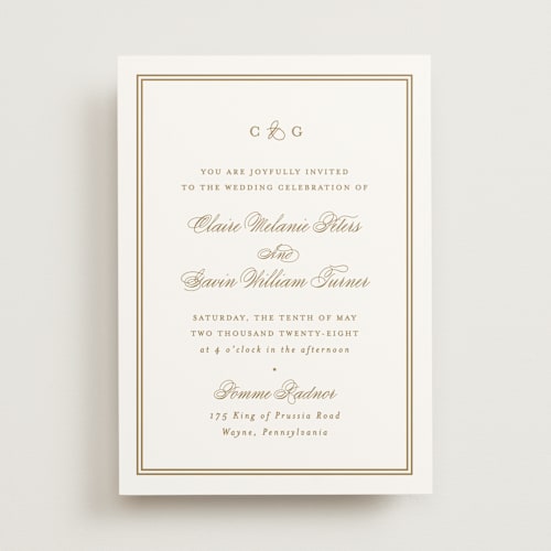 This is a champagne wedding invitations with standard by Carolyn MacLaren called timeless together printing on signature in standard