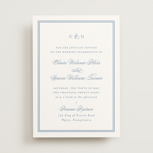 This is a french blue wedding invitations with standard by Carolyn MacLaren called timeless together printing on signature in standard