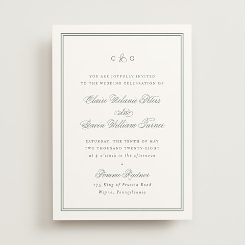 This is a sage wedding invitations with standard by Carolyn MacLaren called timeless together printing on signature in standard
