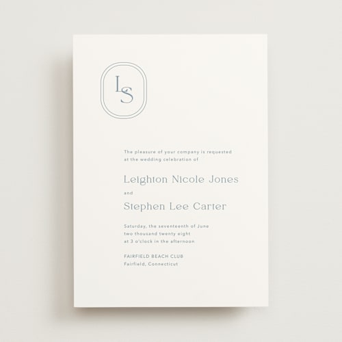 This is a lakeshore blue wedding invitations with standard by Jennifer Postorino called leighton printing on signature in standard
