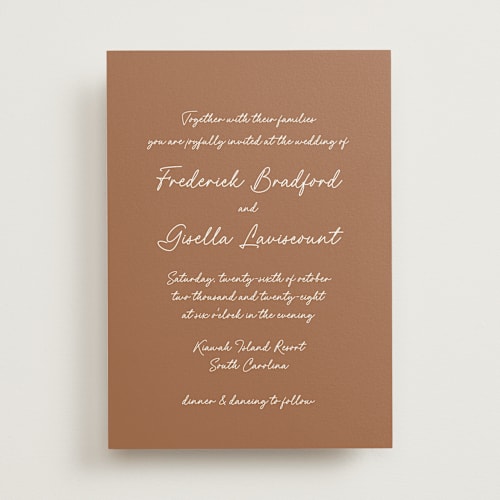 This is a chestnut wedding invitations with standard by chocomocacino called strazzate printing on signature in standard