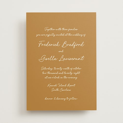 This is a mustard wedding invitations with standard by chocomocacino called strazzate printing on signature in standard