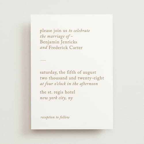 This is a golden wedding invitations with standard by Bethan called editorial printing on signature in standard