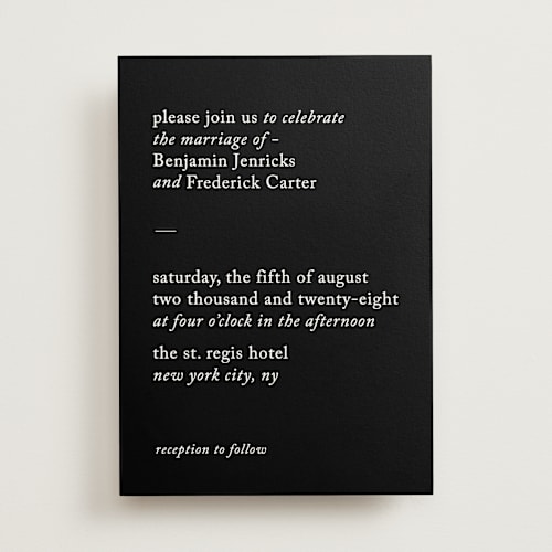 This is a noir wedding invitations with standard by Bethan called editorial printing on signature in standard