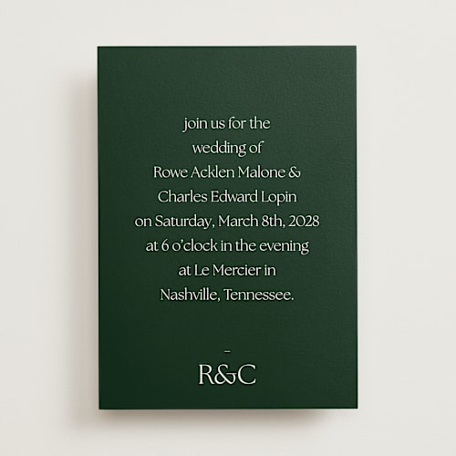 This is a evergreen wedding invitations with standard by Sara Hicks Malone called monogram edit printing on signature in standard