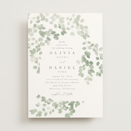 This is a eucalyptus wedding invitations with standard by Kristie Kern called vining printing on signature in standard