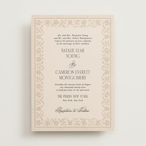This is a almond wedding invitations with standard by Jenna Holcomb called embroidered printing on signature in standard