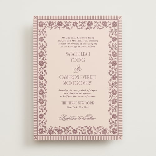 This is a mauve wedding invitations with standard by Jenna Holcomb called embroidered printing on signature in standard
