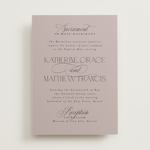 This is a mauve wedding invitations with standard by Heather Cairl called sacrament printing on signature in standard
