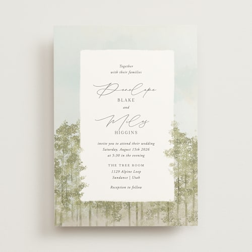 This is a lake wedding invitations with standard by Robert and Stella called aspen printing on signature in standard