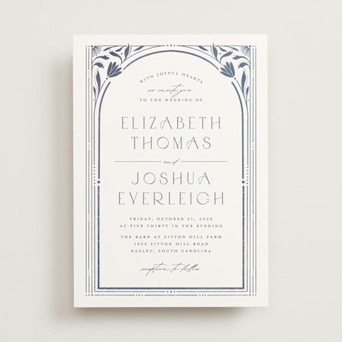 This is a delphinium wedding invitations with standard by Ashley DeMeyere called nouveau frame printing on signature in standard