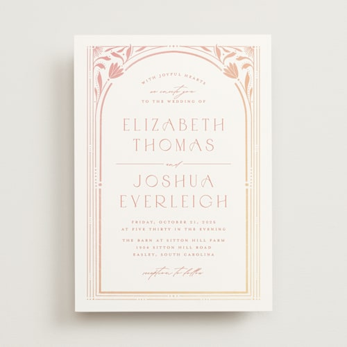 This is a peach wedding invitations with standard by Ashley DeMeyere called nouveau frame printing on signature in standard