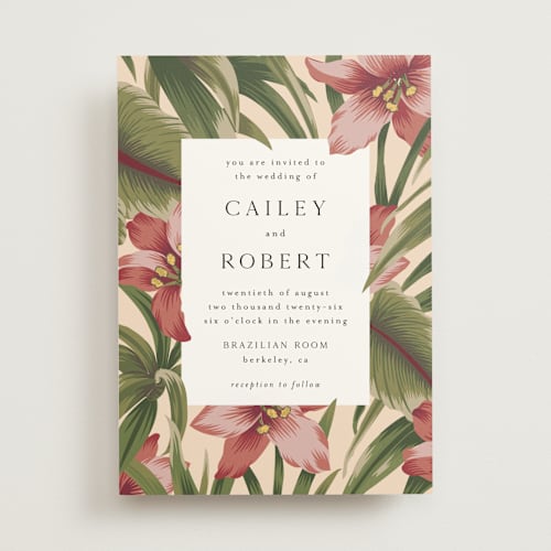 This is a sunrise wedding invitations with standard by Jennifer Holbrook called tropical flowers printing on signature in standard
