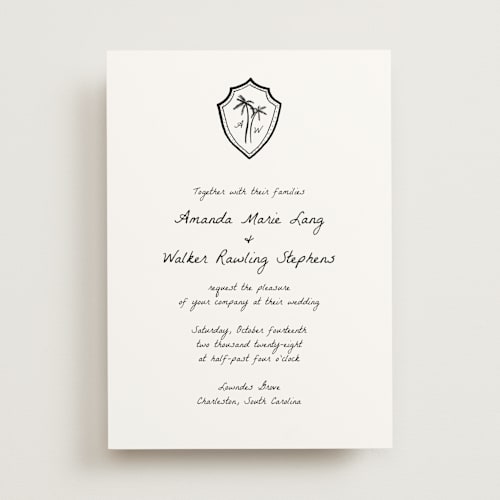 This is a ink wedding invitations with standard by Erika Firm called palm tree crest printing on signature in standard