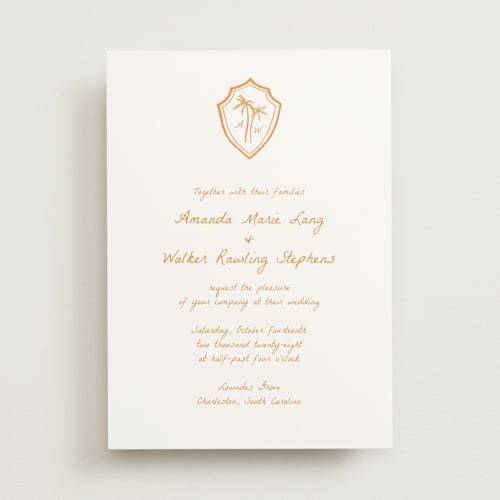 This is a mango wedding invitations with standard by Erika Firm called palm tree crest printing on signature in standard