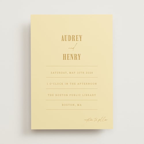 This is a butter wedding invitations with standard by Nazia Hyder called vintage label printing on signature in standard