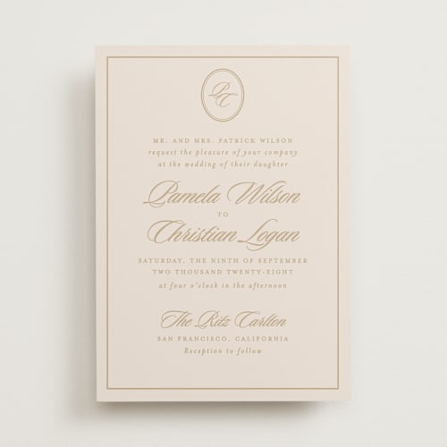 This is a almond wedding invitations with standard by Creo Study called scripted printing on signature in standard