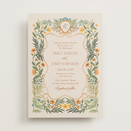 This is a marigold wedding invitations with standard by Elly called garden heirloom printing on signature in standard