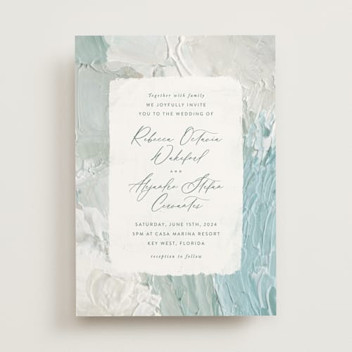 This is a aqua wedding invitations with standard by Hooray Creative called tidal wave printing on signature in standard