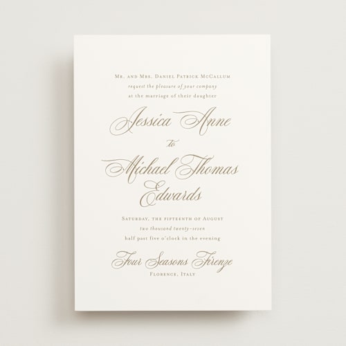 This is a champagne wedding invitations with standard by Jennifer Postorino called empire printing on signature in standard