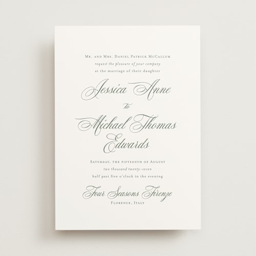 This is a sage wedding invitations with standard by Jennifer Postorino called empire printing on signature in standard