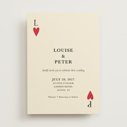 This is a champagne wedding invitations with standard by Helena Vitto called red hearts printing on signature in standard