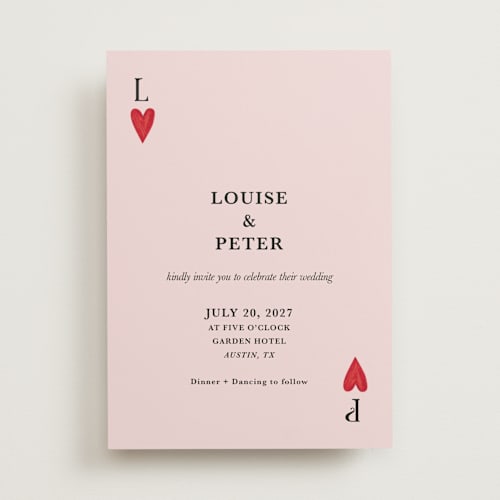 This is a dusty rose wedding invitations with standard by Helena Vitto called red hearts printing on signature in standard