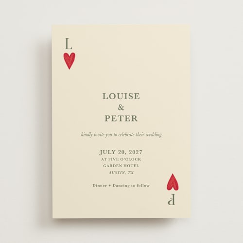 This is a olive wedding invitations with standard by Helena Vitto called red hearts printing on signature in standard