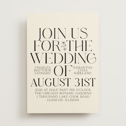 This is a cream wedding invitations with standard by Baumbirdy called floral emblem printing on signature in standard