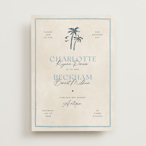 This is a frond wedding invitations with standard by Pixel and Hank called coastal drift printing on signature in standard